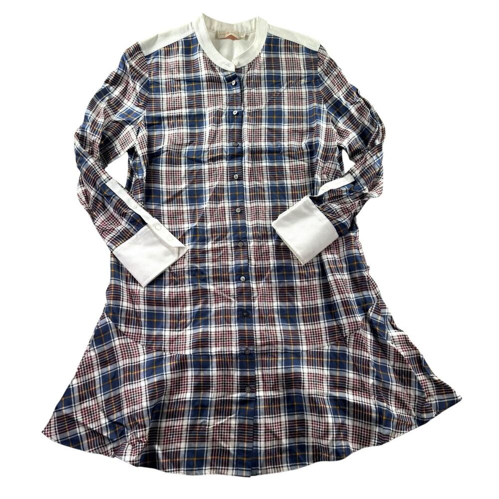 Tory Burch Silk Cora Milano Tartan Plaid Drop Waist Shirt Dress 10 Preppy